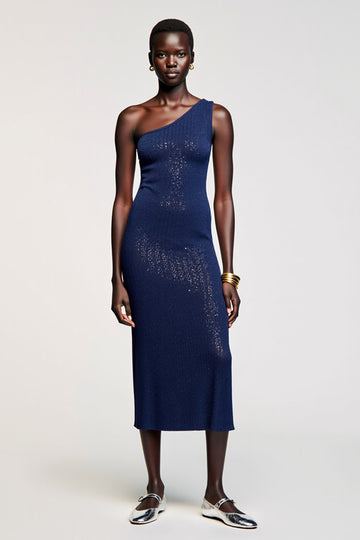 Dark Blue One Shoulder Jersey Wedding Guest Dress